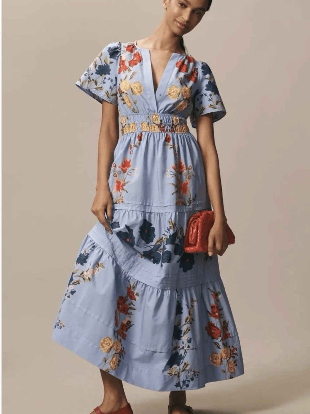 Anthropologie Somerset Blue Floral Tiered V-Neck Maxi Dress